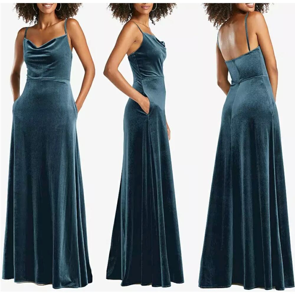 NWT After Six Cowl Neck Velvet Maxi Dress in Dutch Blue
